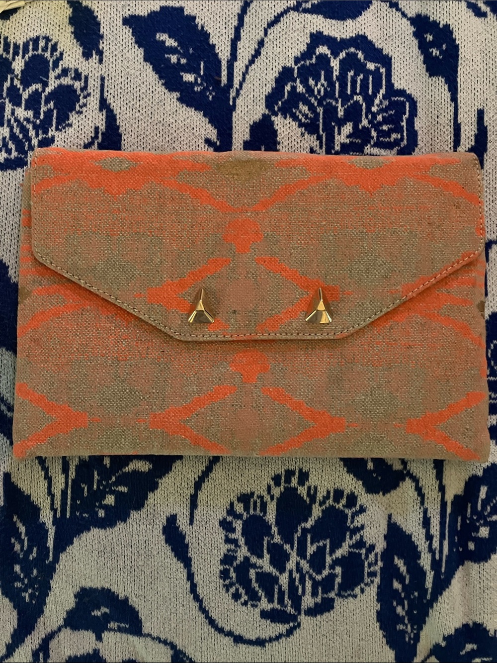 Orange Patterned Envelope Clutch with Gold Stud Detail